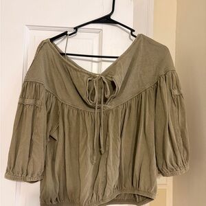 Free People - Womens Olive Tie-front Peasant Blouse